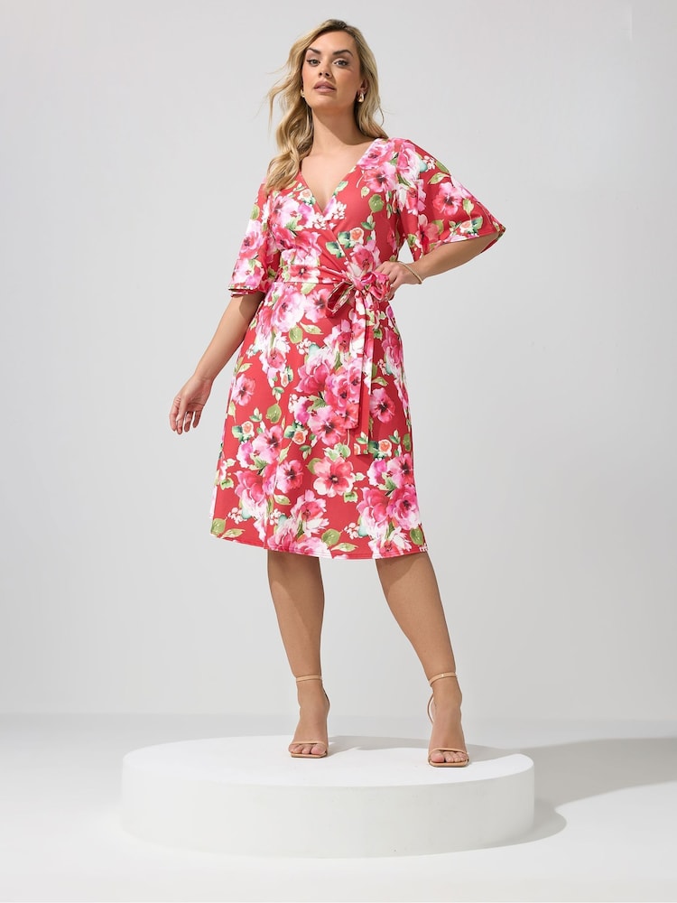 Yours Curve Red London Floral Wrap Scuba Crepe Dress - Image 1 of 5