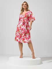 Yours Curve Red London Floral Wrap Scuba Crepe Dress - Image 2 of 5