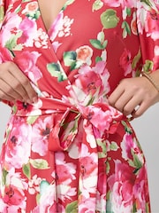 Yours Curve Red London Floral Wrap Scuba Crepe Dress - Image 4 of 5