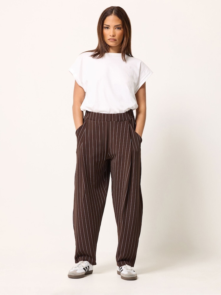 PixieGirl Petite Brown Pinstripe Barrel Leg Trousers - Image 1 of 5