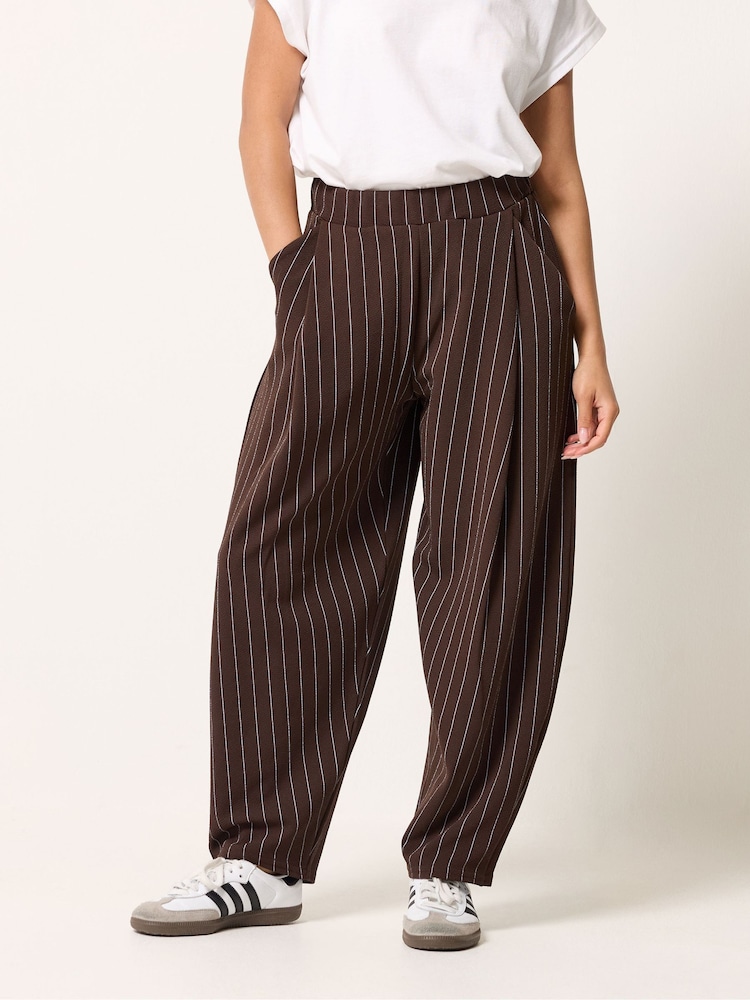 PixieGirl Petite Brown Pinstripe Barrel Leg Trousers - Image 2 of 5