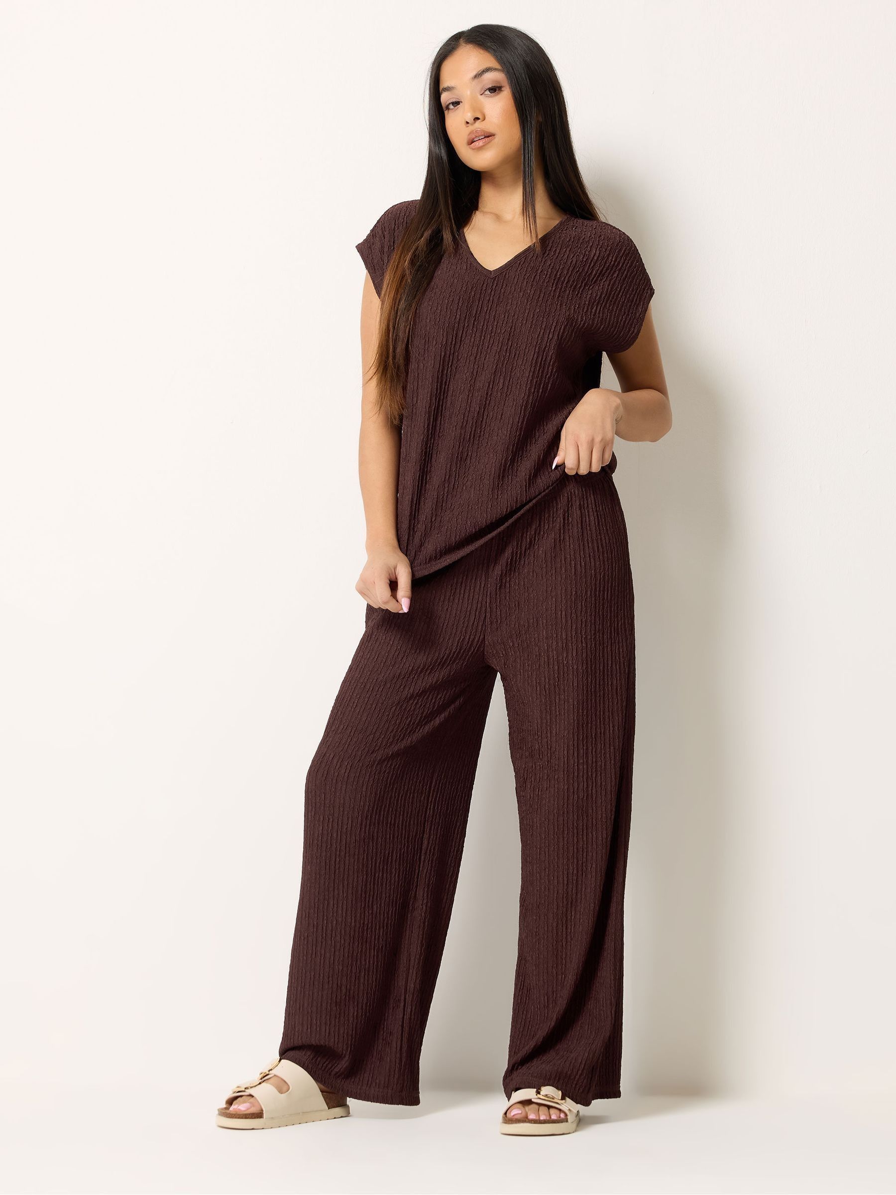 M & Co Women's Brown Textured Wide Leg Trousers