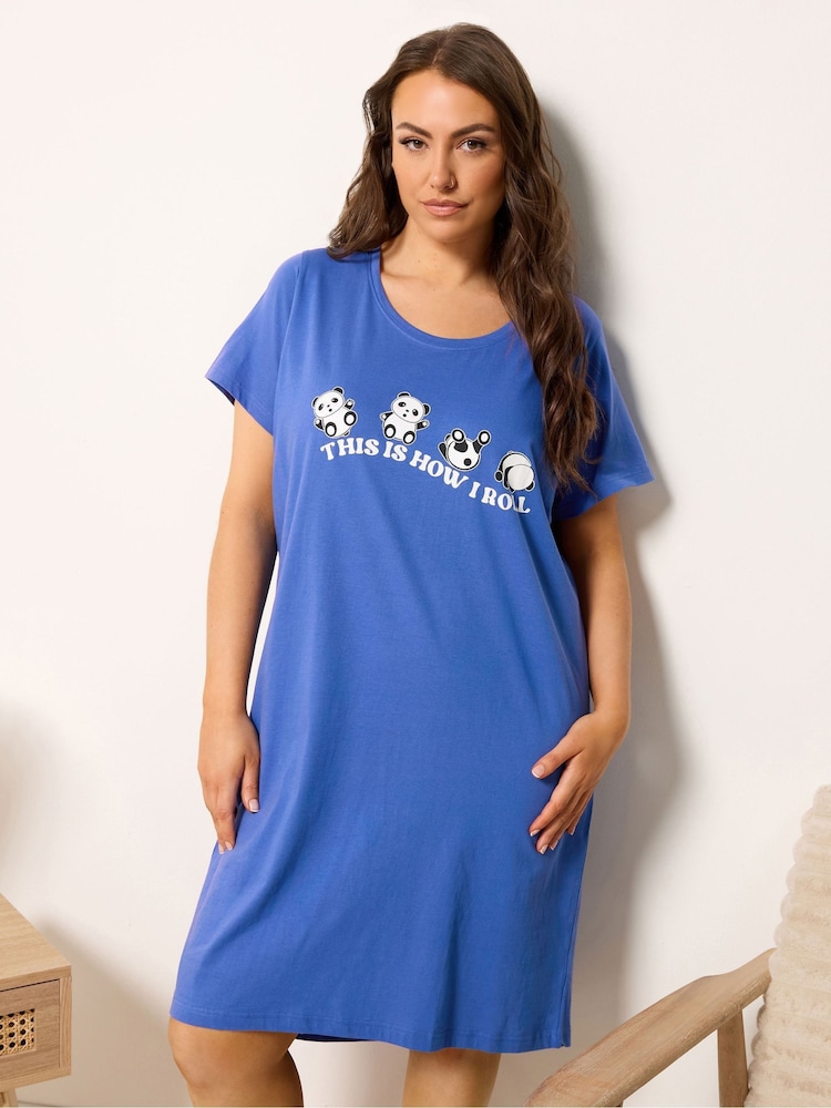 Yours Curve Blue Rolling Panda Dipped Back Nightdress - Image 1 of 5