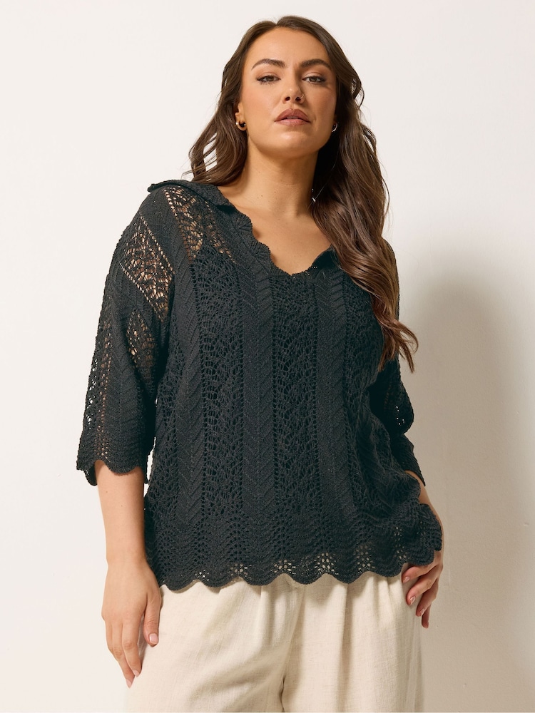 Yours Curve Black Pointelle Knitted Collared Top - Image 1 of 5