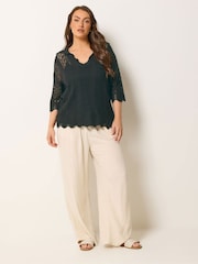 Yours Curve Black Pointelle Knitted Collared Top - Image 2 of 5