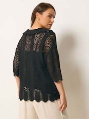 Yours Curve Black Pointelle Knitted Collared Top - Image 3 of 5