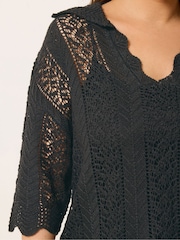 Yours Curve Black Pointelle Knitted Collared Top - Image 4 of 5