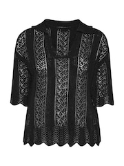 Yours Curve Black Pointelle Knitted Collared Top - Image 5 of 5