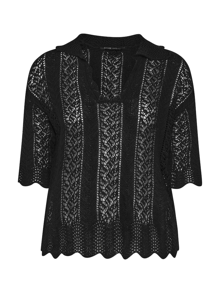 Yours Curve Black Pointelle Knitted Collared Top - Image 5 of 5