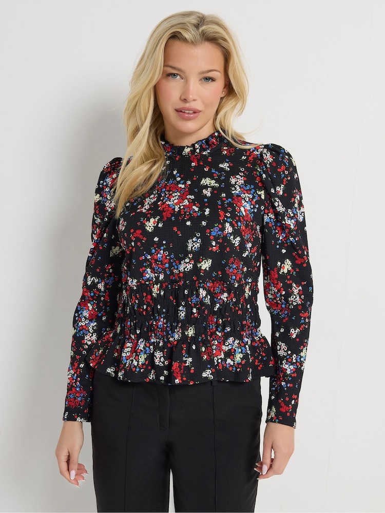 M&Co Black Floral Shirred Top - Image 1 of 2