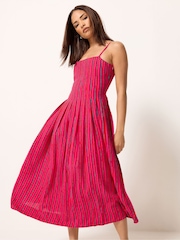 PixieGirl Petite Pink Striped Pleated Midi Dress - Image 1 of 5
