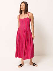 PixieGirl Petite Pink Striped Pleated Midi Dress - Image 2 of 5