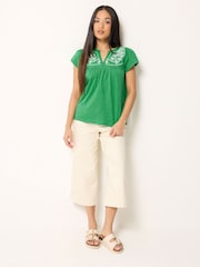 M&Co Green Petite Embroidered Frill Sleeve Top - Image 2 of 5