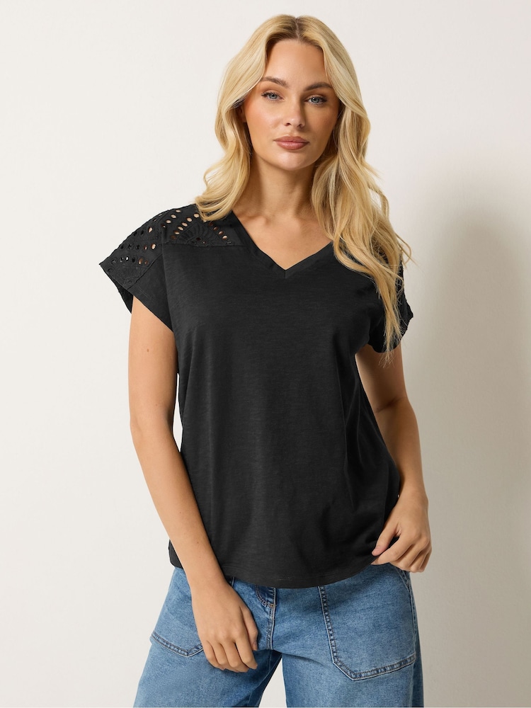M&Co Black Woven Insert V-Neck T-Shirt - Image 1 of 5 M&Co Black Woven Insert V-Neck T-Shirt - Image 1 of 5
