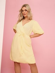 Yours Curve Yellow Puff Ball Wrap Dress - Image 1 of 2