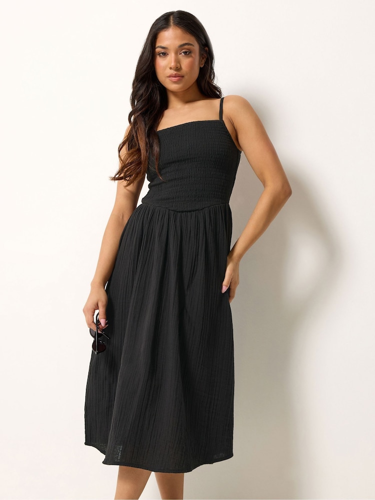 PixieGirl Black Shirred Cheesecloth Midi Dress - Image 1 of 5 PixieGirl Black Shirred Cheesecloth Midi Dress - Image 1 of 5
