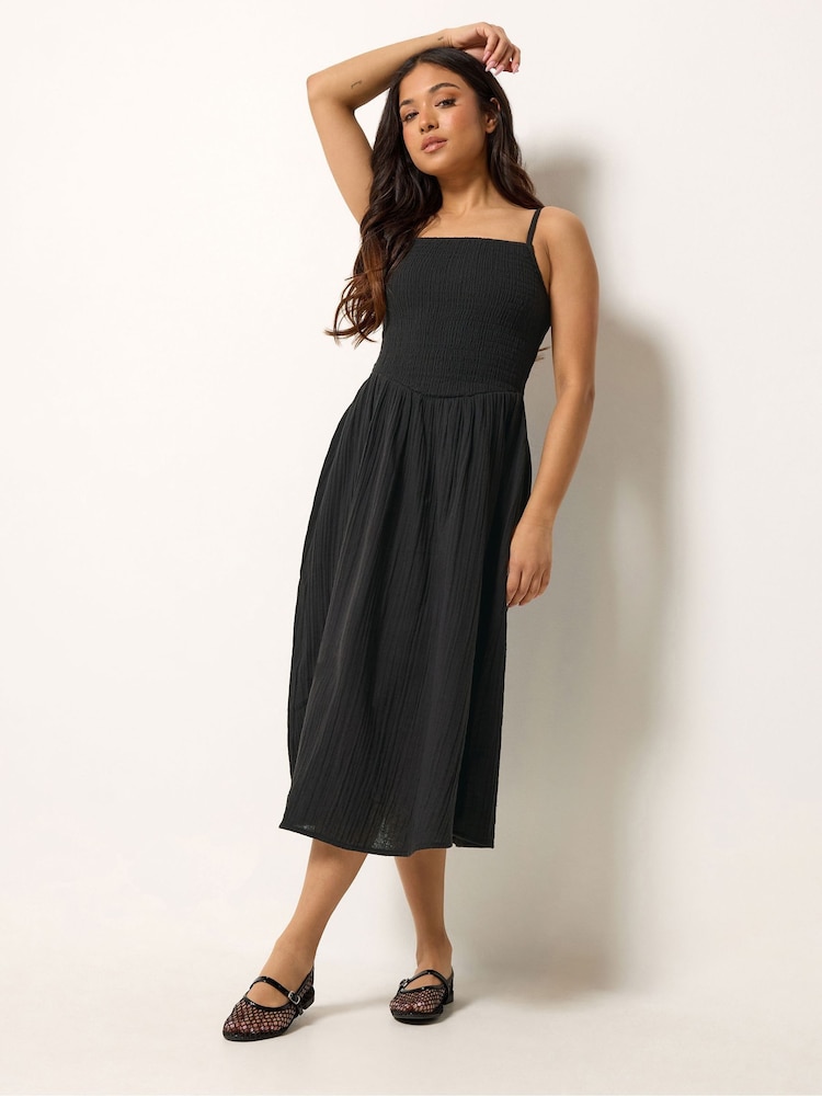 PixieGirl Black Shirred Cheesecloth Midi Dress - Image 2 of 5 PixieGirl Black Shirred Cheesecloth Midi Dress - Image 2 of 5