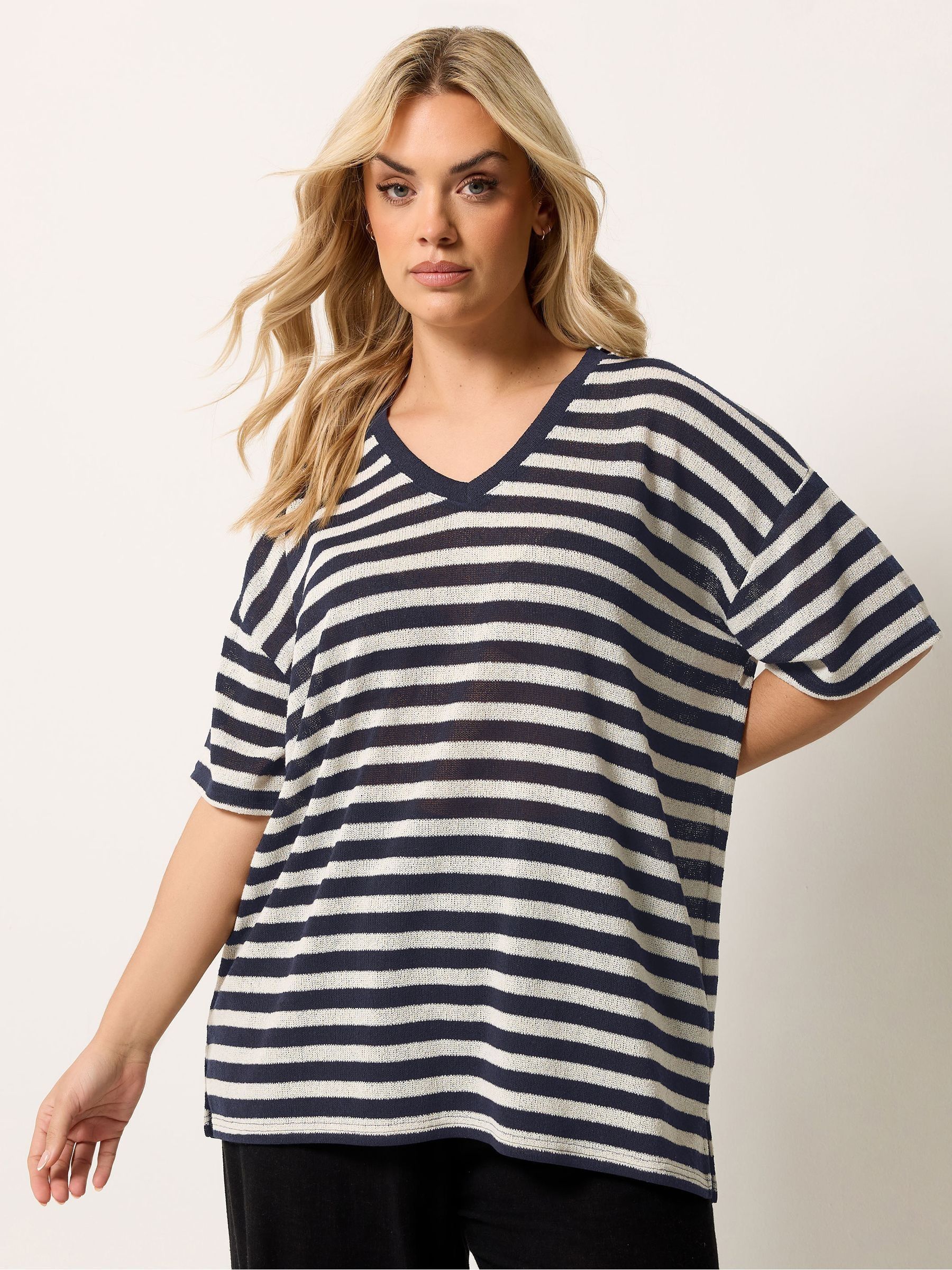 Yours Curve Women's Blue Stripe Knitted T-Shirt