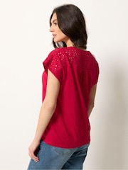 M&Co Red Woven Insert V-Neck T-Shirt - Image 3 of 5