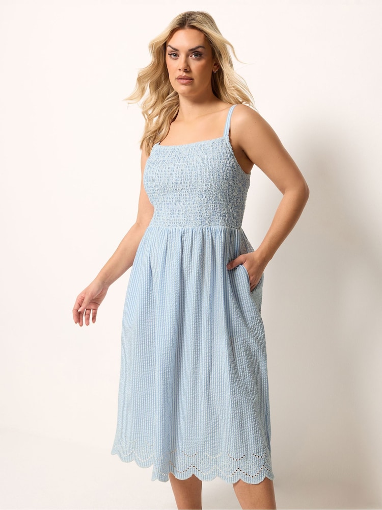 Yours Curve Blue Striped Shirred Dress - Image 1 of 5