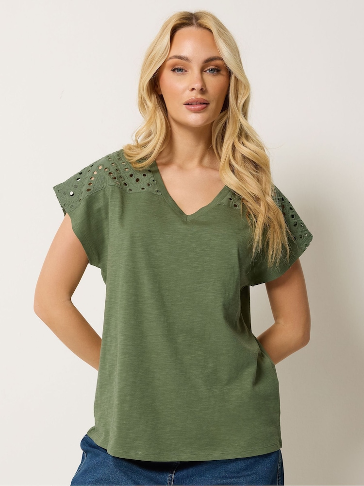 M&Co Green Woven Insert V-Neck T-Shirt - Image 1 of 5 M&Co Green Woven Insert V-Neck T-Shirt - Image 1 of 5