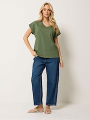 M&Co Green Woven Insert V-Neck T-Shirt - Image 3 of 5