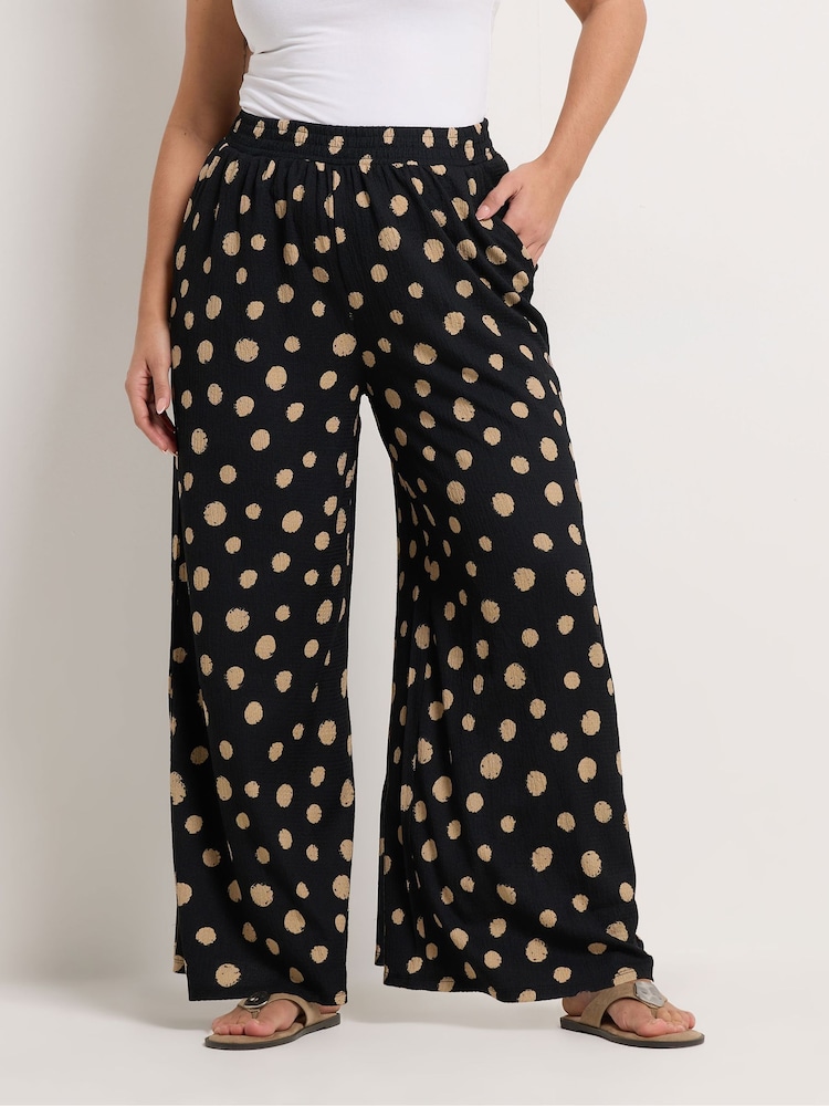 Yours Curve Black Spot Print Textured Trousers - Image 1 of 5 Yours Curve Black Spot Print Textured Trousers - Image 1 of 5