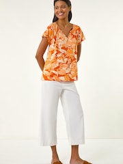 Roman Orange Abstract Leaf Print Stretch Tunic Top - Image 2 of 5
