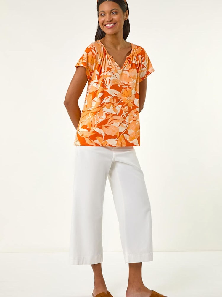 Roman Orange Abstract Leaf Print Stretch Tunic Top - Image 2 of 5 Roman Orange Abstract Leaf Print Stretch Tunic Top - Image 2 of 5