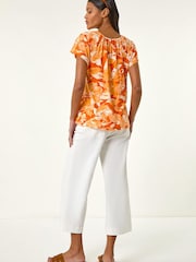 Roman Orange Abstract Leaf Print Stretch Tunic Top - Image 3 of 5