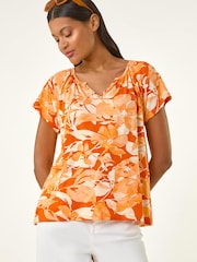 Roman Orange Abstract Leaf Print Stretch Tunic Top - Image 4 of 5