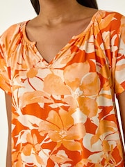 Roman Orange Abstract Leaf Print Stretch Tunic Top - Image 5 of 5