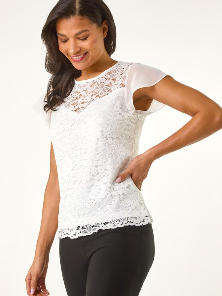 Roman White Chiffon Sleeve Floral Lace Top - Image 2 of 5