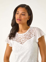 Roman White Chiffon Sleeve Floral Lace Top - Image 4 of 5
