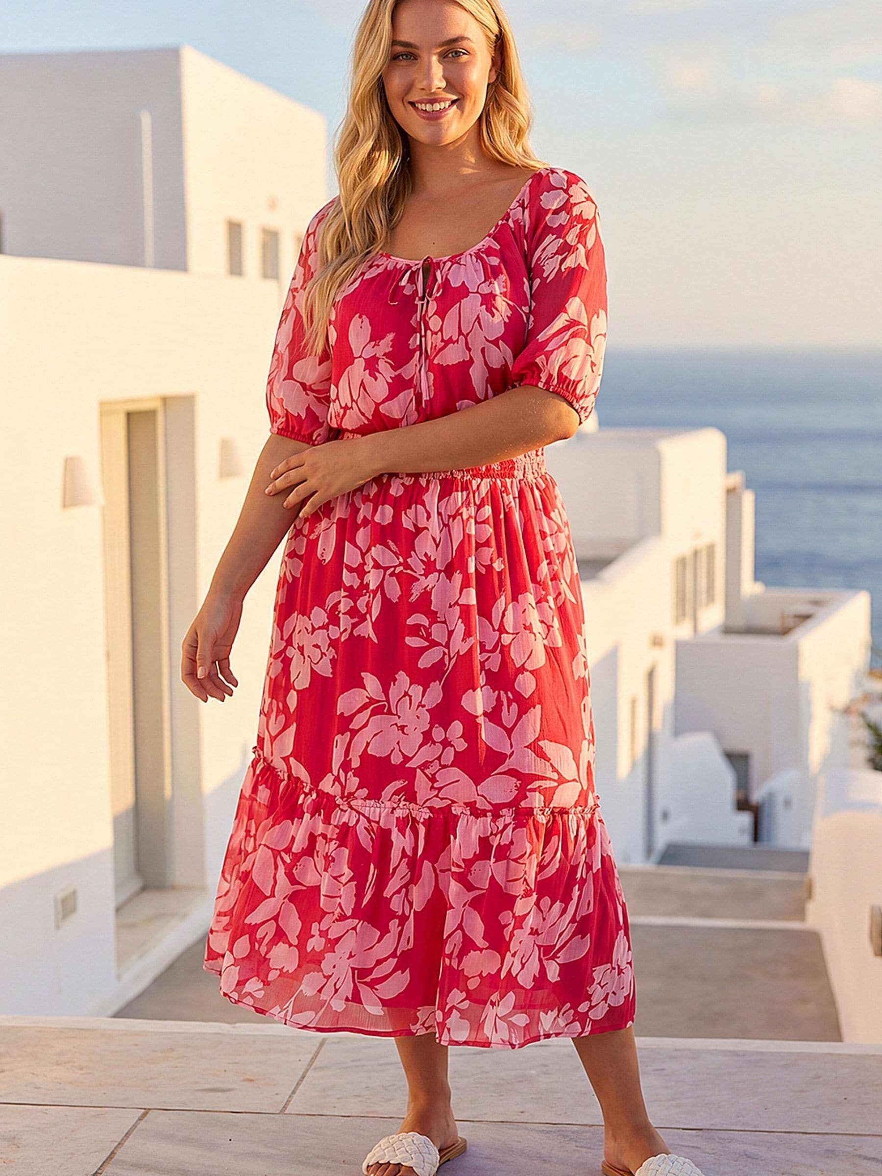 Roman Women's Pink Curve Tropical Print Tie Neck Midi Dress