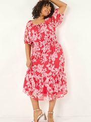 Rochie midi cu fundă la gât și imprimeu tropical Roman Curve - Imaginea 1 din 5