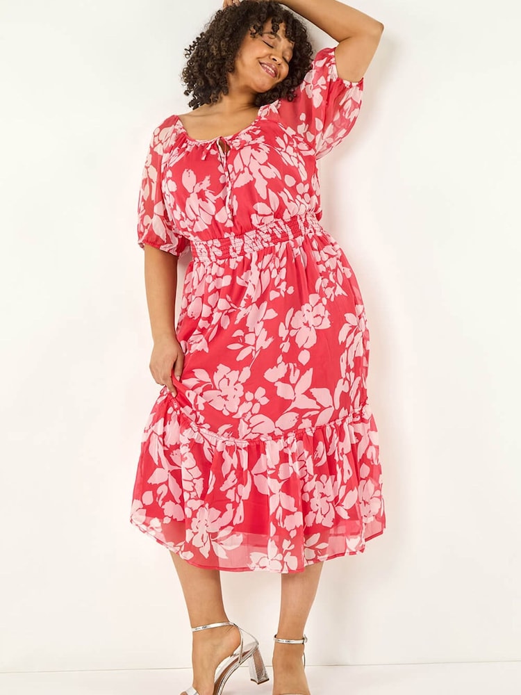 Rochie midi cu fundă la gât și imprimeu tropical Roman Curve - Imaginea 1 din 5