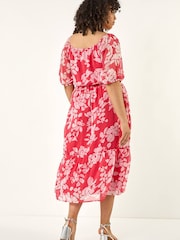 Rochie midi cu fundă la gât și imprimeu tropical Roman Curve - Imaginea 3 din 5