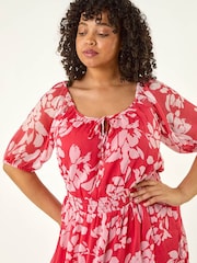 Rochie midi cu fundă la gât și imprimeu tropical Roman Curve - Imaginea 4 din 5