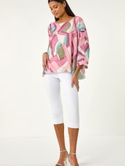 Roman Pink Abstract Print Overlay Tunic Top - Image 2 of 5