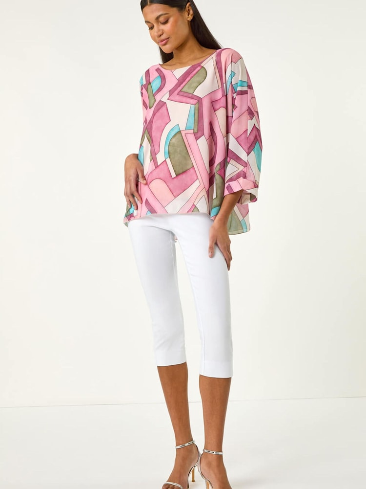 Roman Pink Abstract Print Overlay Tunic Top - Image 2 of 5