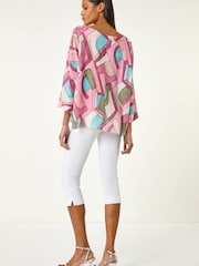 Roman Pink Abstract Print Overlay Tunic Top - Image 3 of 5