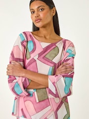 Roman Pink Abstract Print Overlay Tunic Top - Image 4 of 5