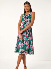 Roman Green Floral Print Chiffon Cowl Neck Dress - Image 1 of 4