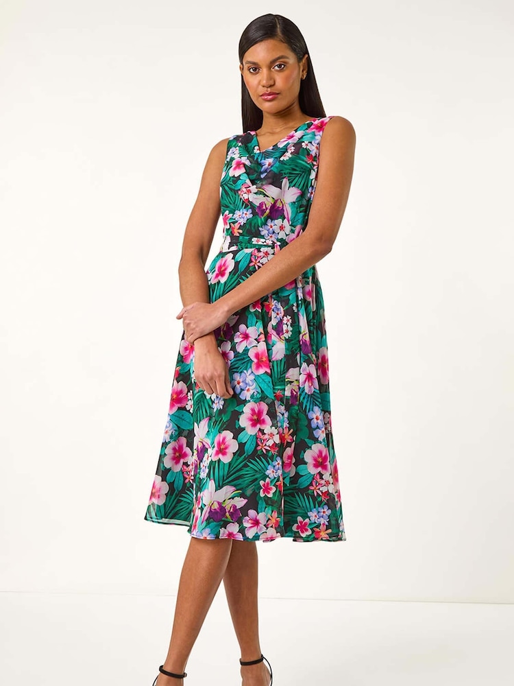 Roman Green Floral Print Chiffon Cowl Neck Dress - Image 1 of 4