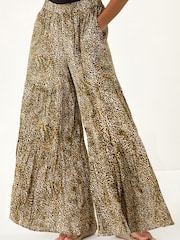Roman Brown Animal Print Tiered Palazzo Trousers - Image 1 of 5
