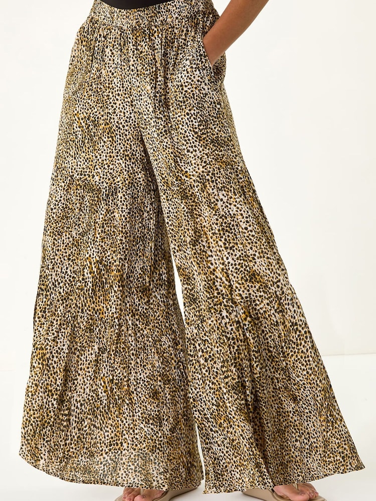 Roman Brown Animal Print Tiered Palazzo Trousers - Image 1 of 5 Roman Brown Animal Print Tiered Palazzo Trousers - Image 1 of 5