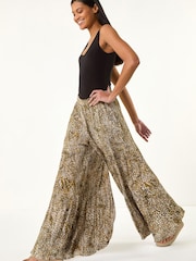 Roman Brown Animal Print Tiered Palazzo Trousers - Image 2 of 5