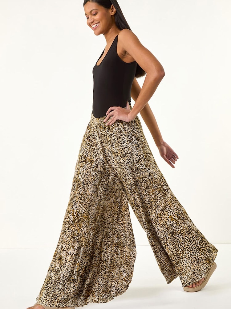 Roman Brown Animal Print Tiered Palazzo Trousers - Image 2 of 5 Roman Brown Animal Print Tiered Palazzo Trousers - Image 2 of 5