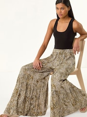 Roman Brown Animal Print Tiered Palazzo Trousers - Image 3 of 5